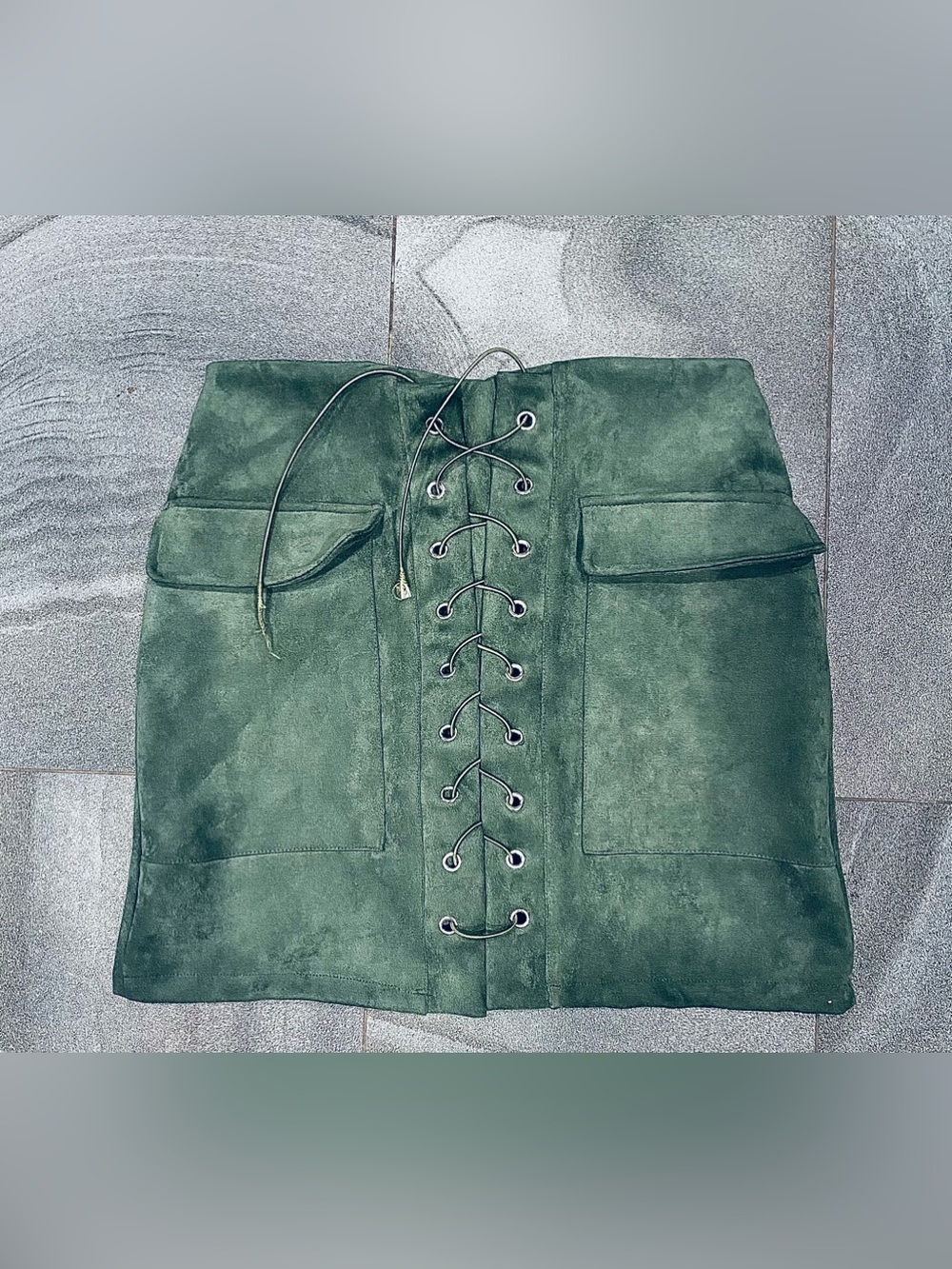 Faux Suede Dark Green Short Skirt with Corsette Tie Front Detail Size L